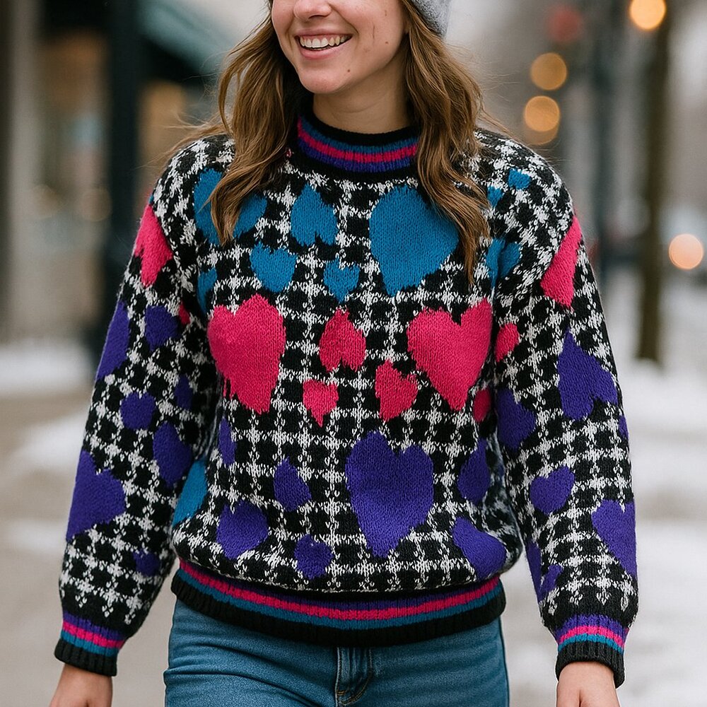 80s Bright Heart Pullover Chunky Knit Sweater Vintage Large - Picture 1 of 12